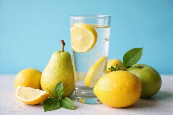 Un bicchiere d'acqua e frutta fresca, simboli di idratazione e benessere nello stile di vita.
