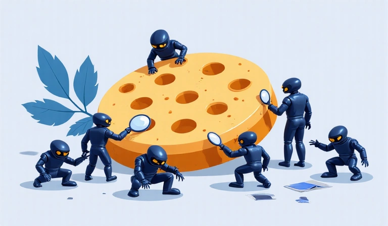 Illustrazione di un biscotto cibernetico con vari piccoli robot che lo esaminano, rappresentando i cookie di terze parti e la loro analisi dei dati.