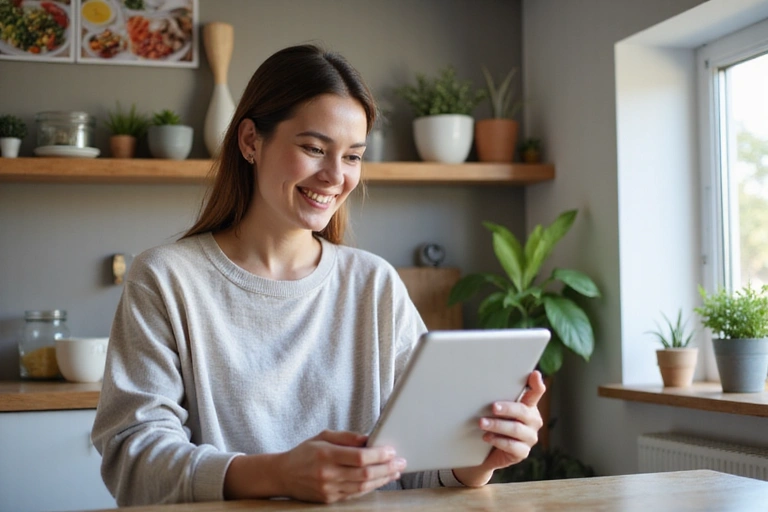 Donna sorridente che prenota una consulenza online da un tablet