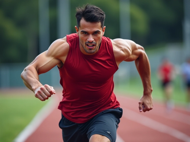 Atleta che corre su una pista, con muscoli definiti e un'espressione determinata, simboleggiando energia e performance