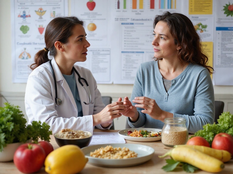 Un medico che spiega a un paziente l'importanza di una dieta equilibrata per la gestione del diabete, con grafici e alimenti sani sul tavolo